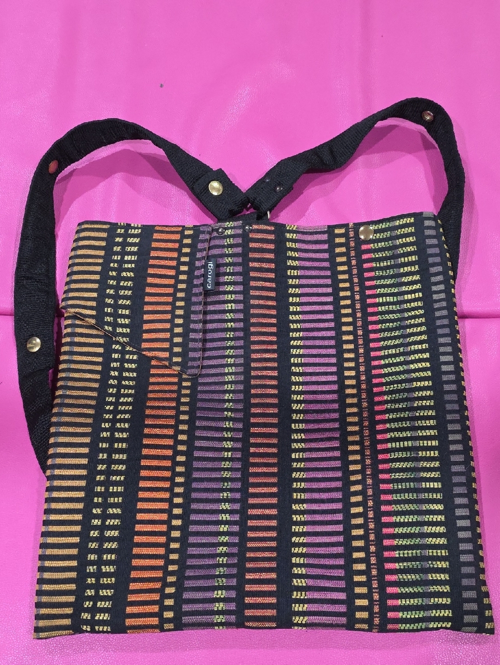 Handwoven Multicolor Stripe Crossbody Backpack with Black Strap
